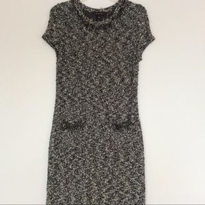 Ann Taylor knit tweed sheath dress short sleeve crew neck fringe